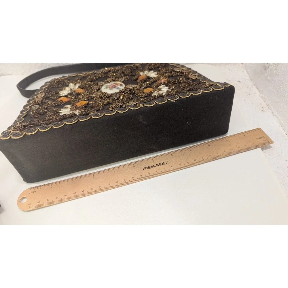 Vintage 1950s Black Beaded Evening‎ Bag Amber Floral Cabochon Frame Purse